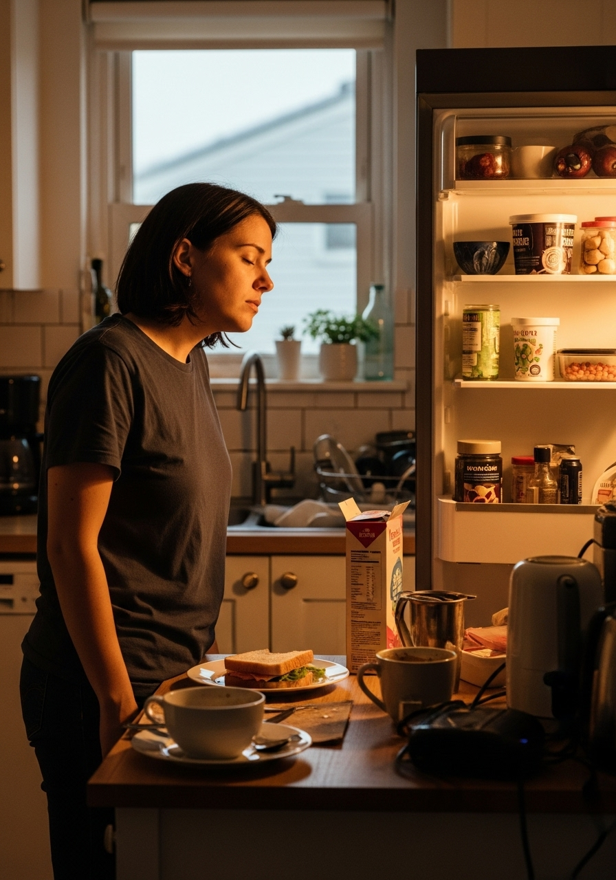 Person looking into refrigerator with decision fatigue